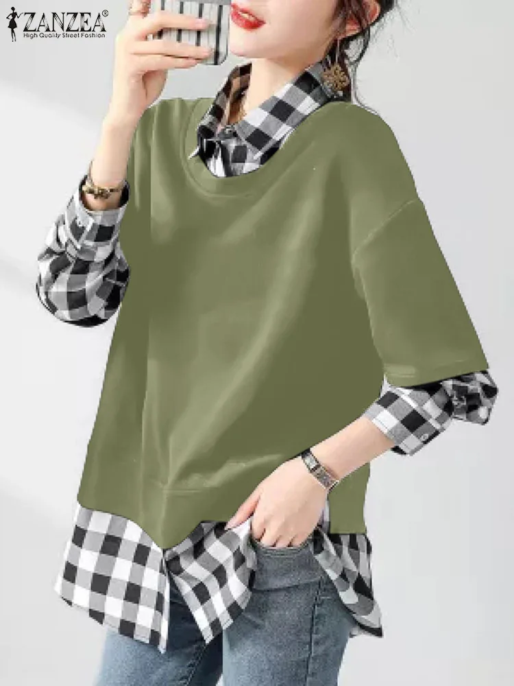 

Женская рубашка ZANZEA в стиле пэчворк, Осенние Топы контрастных цветов, винтажные клетчатые блузки, блузы с длинным рукавом, пуловер оверсайз