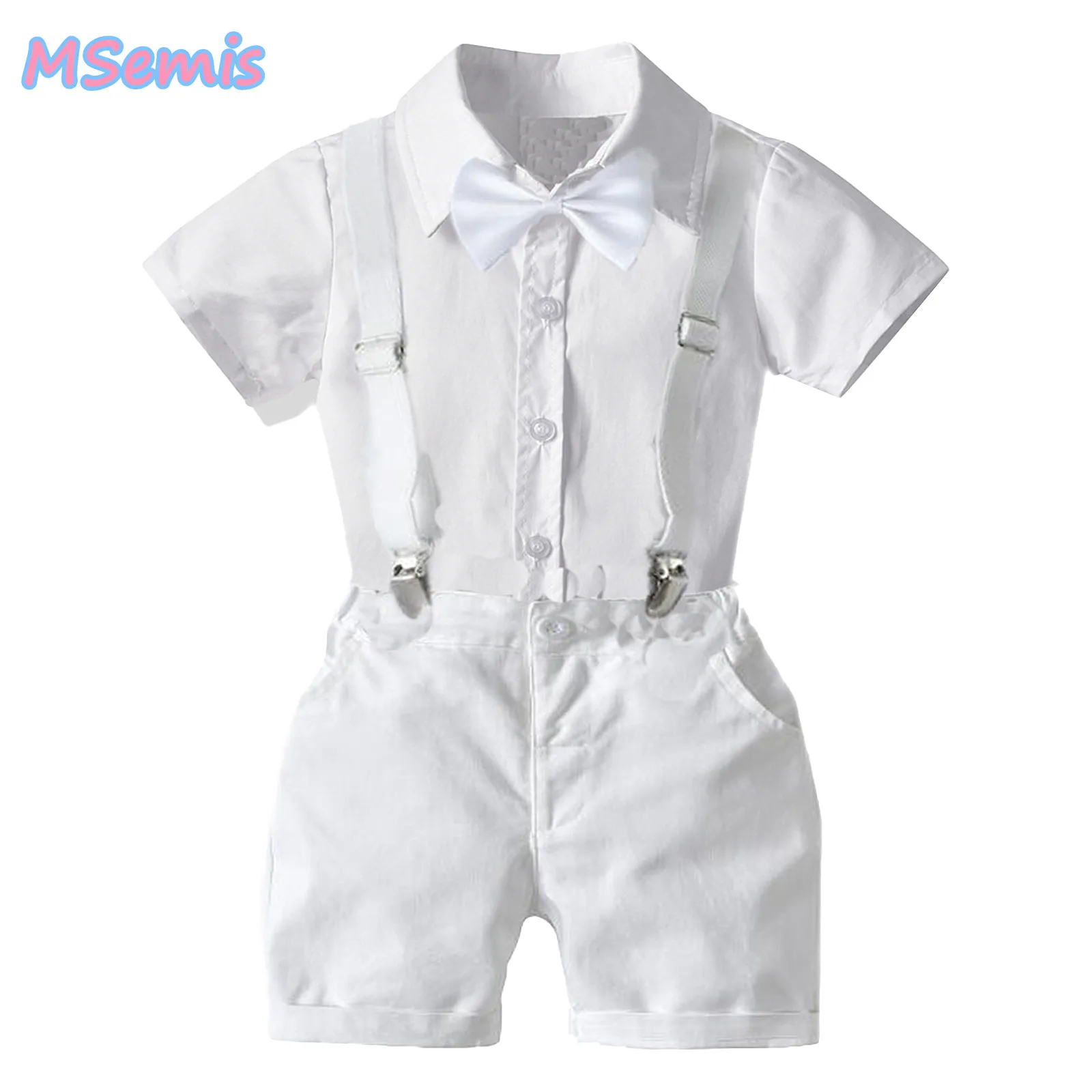 

Baby Boys Gentleman Baptism Outfit Short Sleeve Shirt with Bowtie Elastic Waist Suspenders Shorts Solid Color Suit