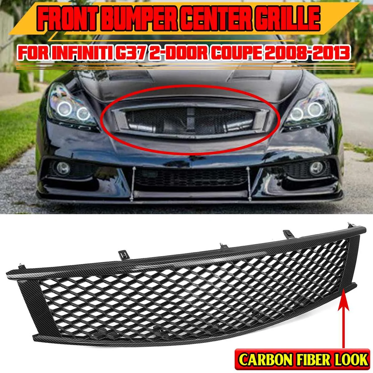 

Black/Carbon Fiber Look Front Upper Grill Grille For Infiniti G37 2-Door Coupe 2008 2009 2010 2011 2012 2013 Racing Grills