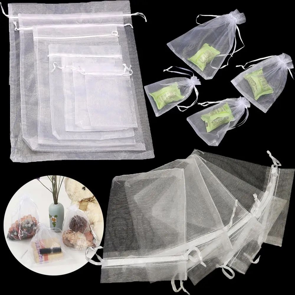 

Drawable Christmas Favor Party Supply Jewelry Packing White Pouches Organza Gauze Sachet Gift Bags Drawstring Pocket