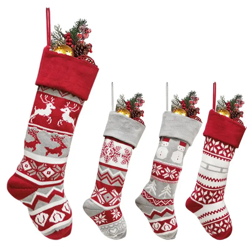 

19 Inches Knitted Christmas Stocking Elk Snowflake Stocking Christmas Decoration for Home Xmas Tree Ornament Party Supplies