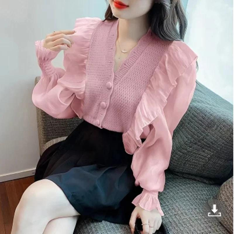 

Новый осенний вязаный кардиган DALMAZZO с V-образным вырезом и оборками, короткий свитер, Женский Осенний Повседневный однобортный шифоновый Вя...