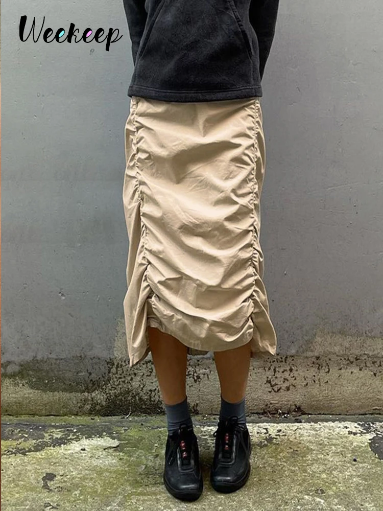 

Weekeep Khaki Shirring Long Skirts Vintage Straight Midi Cargo Skirts Women Harajuku Casual Streetwear y2k Casual Grunge Clothes