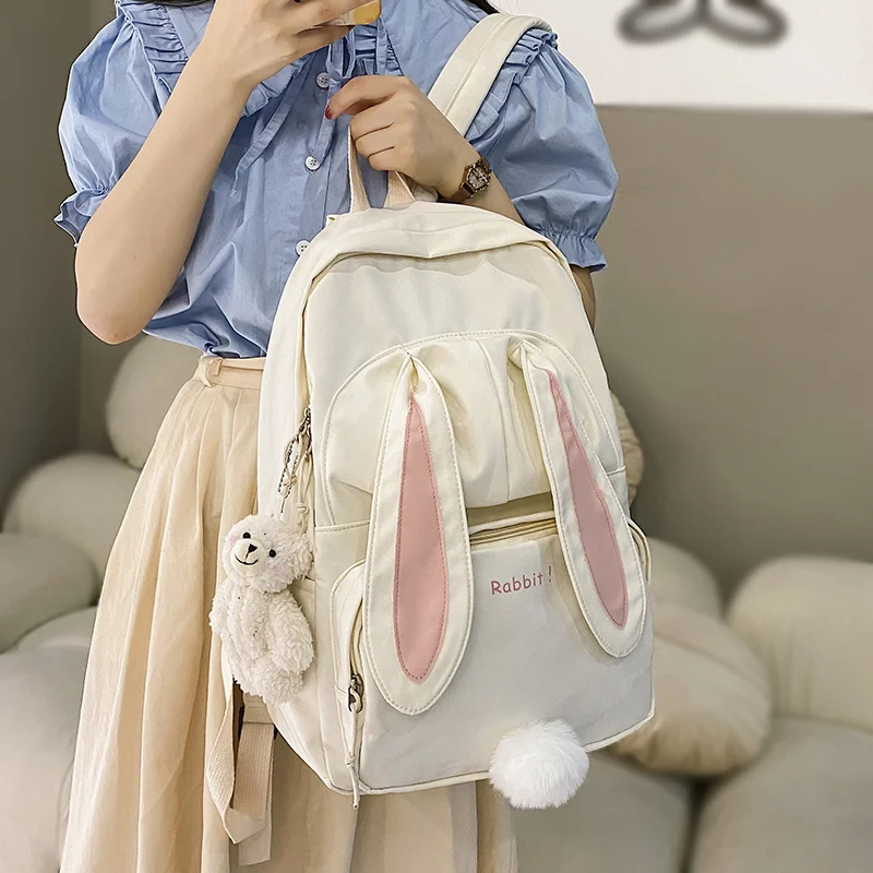 

Школьный ранец с милым кроликом для девочек, вместительный женский рюкзак розового цвета, нейлоновый мультяшный школьный портфель