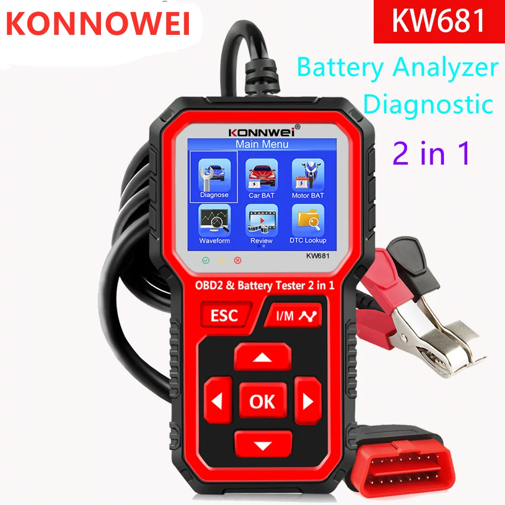Автомобильный тестер аккумуляторов KONNWEI KW681, OBD2 сканер для автомобилей и мотоциклов, 6 в/12 В, для диагностики автомобилей, для поддержания автомобильного аккумулятора