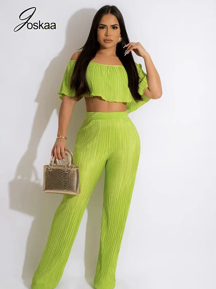 

Joskaa Solid Pleated Two Piece Set Women Sexy Off Shoulder Wrapped Chest Tops and Loose Flared Pants Matching 2023 Streetwear