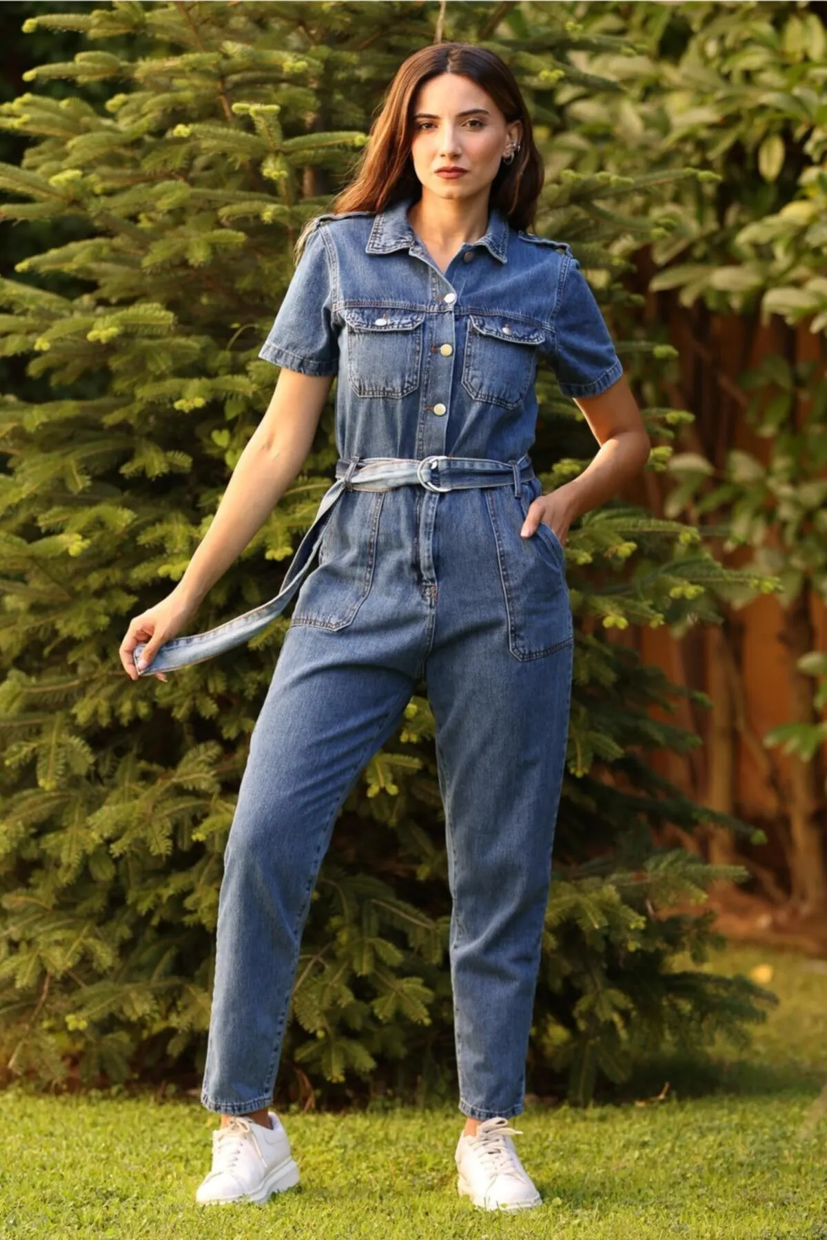 

Women's Overalls Navy Blue Denim Short Sleeve Jumpsuit Hot Style Quality Fabric Sleeveless Baggy Trousers Casual Jumpsuit