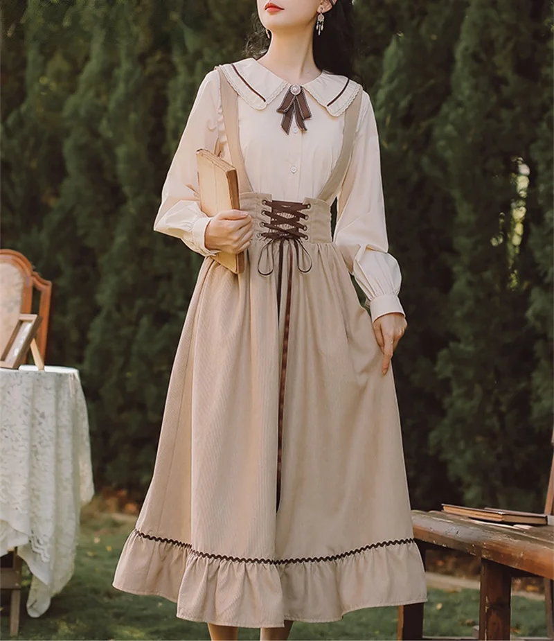 

Women's Mid Length Dress with Shoulder Straps, Lovely Preppy Lace Style, High Waist, Flying Edge, Beveled Skirt,