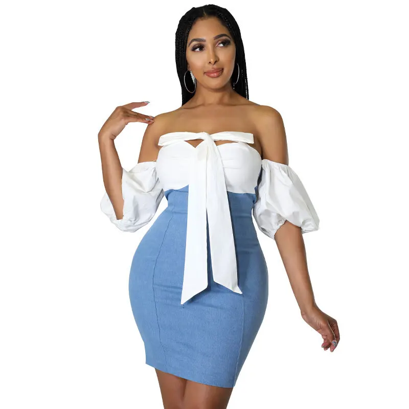 

Женское джинсовое мини-платье в стиле пэчворк, летнее облегающее платье с коротким рукавом, открытыми плечами и сумочкой на бедрах, повседн...