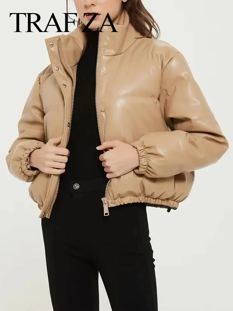 TRAF ZA Winter Women's Clothing Cotton Coat Faux Leather Thick Warm Jacket Vintage Solid Female Adjustable Hem Outerwear Tops