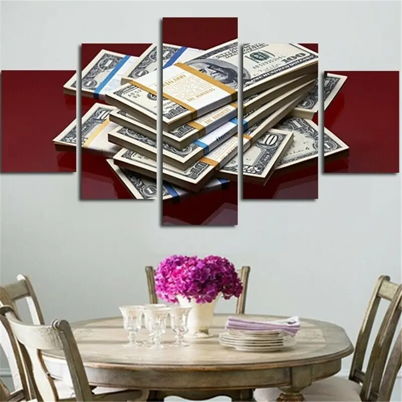 

No Framed Canvas 5 Panel Money Stack US Dollars Money Modular HD Decorative Wall Art Posters Pictures Home Decor Paintings
