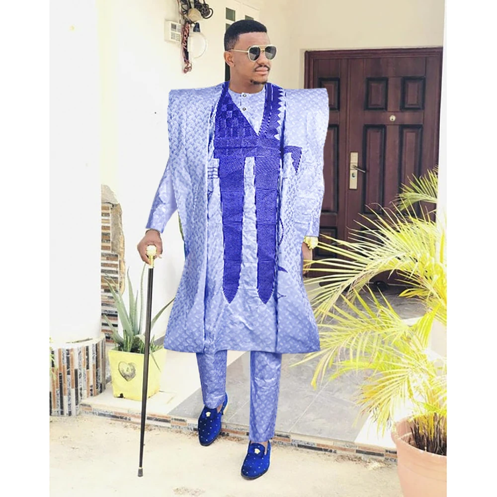 

H&D African Clothes for Men Rich Bazin Embroidery Traditional Clothes 3 Pcs Sut Bazin Blue Clothing Party Wedding Dashiki