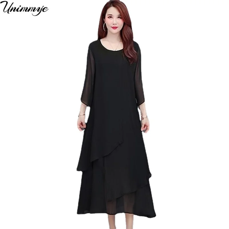 

Woman Dress Summer Women's New Loose Solid Color Chiffon Midi Long Dresses Black Vestido De Mujer L-5XL Women Clothing J378