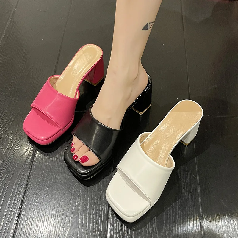 

7CM Women Slippers 45 Sandals Fashion Cool Chunky Heels Platform Woman Flip Flops Summer Peep Toe Slides White Baby Pink Shoes46