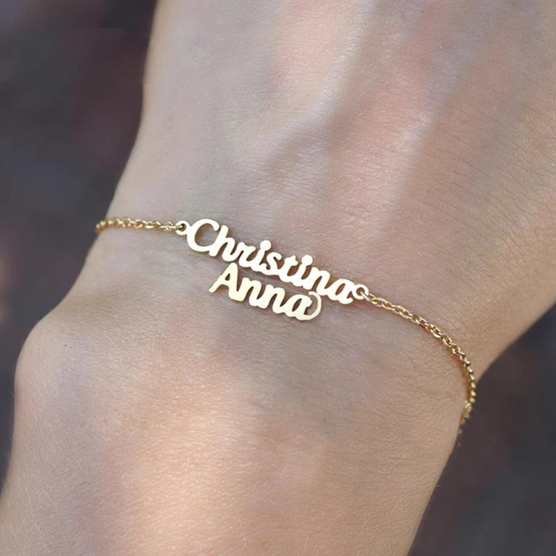 

Custom Double Layered Name Bracelet Femme Jewelry Stainless Steel Hand Chain Two Nameplate Charm Bracelets For Women Pulseras