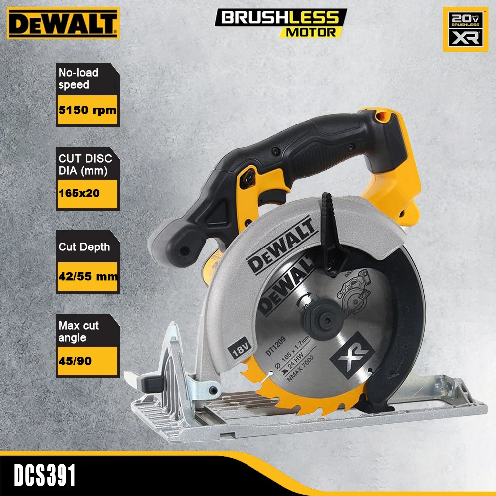 Беспроводная циркулярная пила Dewalt DCS391, перезаряжаемая, 20 в, 165x20 мм, регулируемая, 45/90 градусов, для деревообработки, универсальная батарея 18 в и 60 в