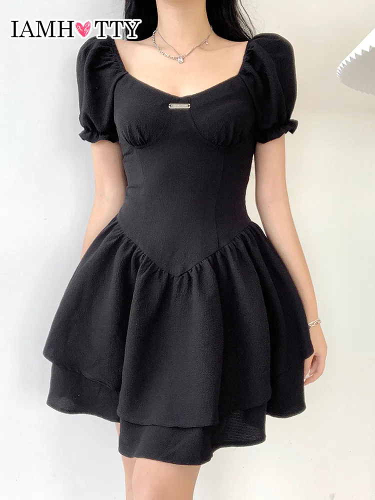 

IAMHOTTY Cascading Ruffle A-line Black Dress Elegant Fashion Ball Gown Party Dresses Korean Style Sexy Outfit Cute Robe Summer