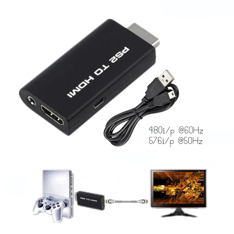 

Portable for PS2 to HDMI-Compatible 480i/480p/576i Audio Video Converter 3.5mm AUX Output Supports for All PS2 Display Modes