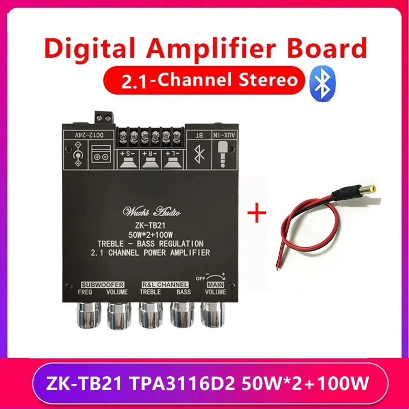 

ZK-TB21 2.1 Channel Bluetooth Digital Power Amplifier Board High Power High And Low Tone Subwoofer Audio Module DC12-24V