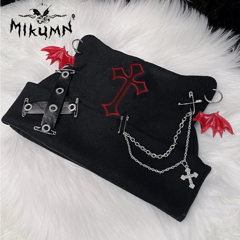 Mikumn Gothic Grunge Cat Ear Bat Wing Black Beanie Hat Harajuku Punk Cross Chain Knitted Hat Women Winter Warm Chic Streetwear images - 6