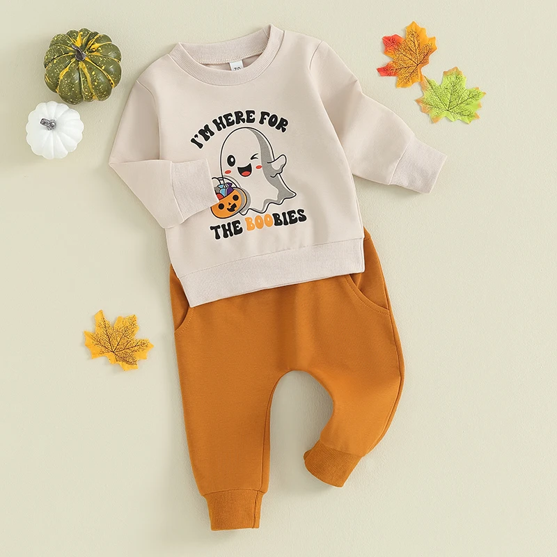 

Костюм на Хэллоуин для маленьких мальчиков и девочек, толстовка с капюшоном и принтом призраков, штаны-джоггеры с тыквой, комплект осенней одежды