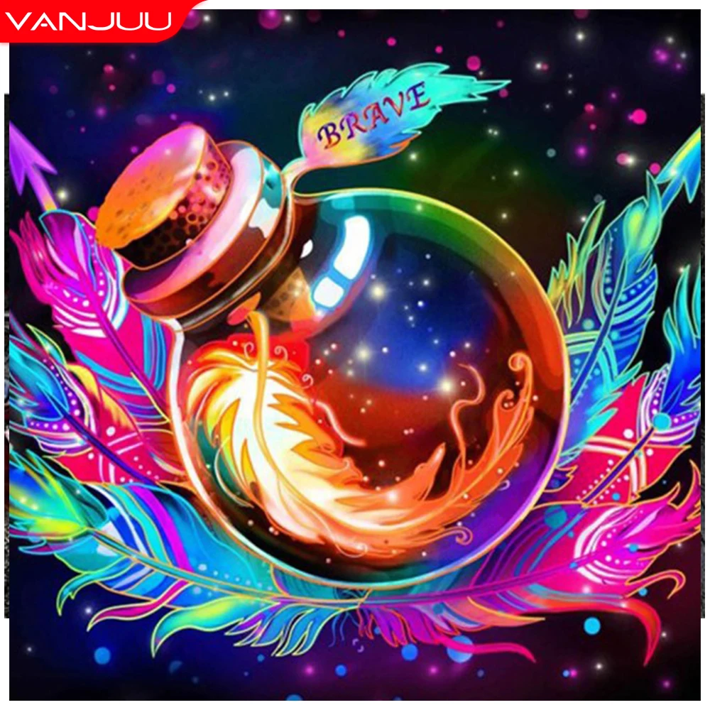 

5D Diy Diamond Mosaic Embroidery Bottle Feather Diamond Painting Rhinestone Be Brave Cross Stitch Kit Handmade Gift