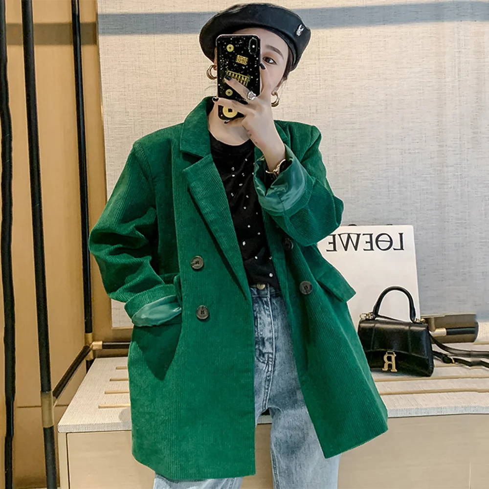 

Women 2022 Fashion Spring Double Breasted Corduroy Blazer Coat Vintage Long Sleeve Pockets Female Outerwear Chic Suit Jackets
