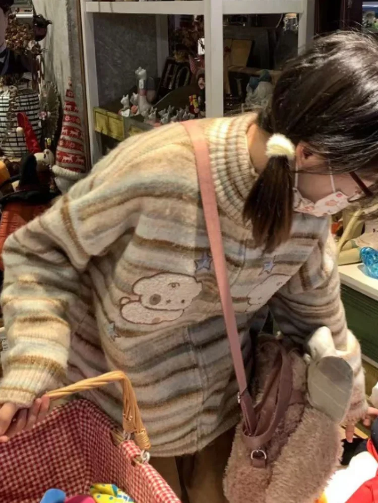 Y2k эстетичный японский вязаный кардиган Kawaii Dog вышивка Harajuku женский полосатый