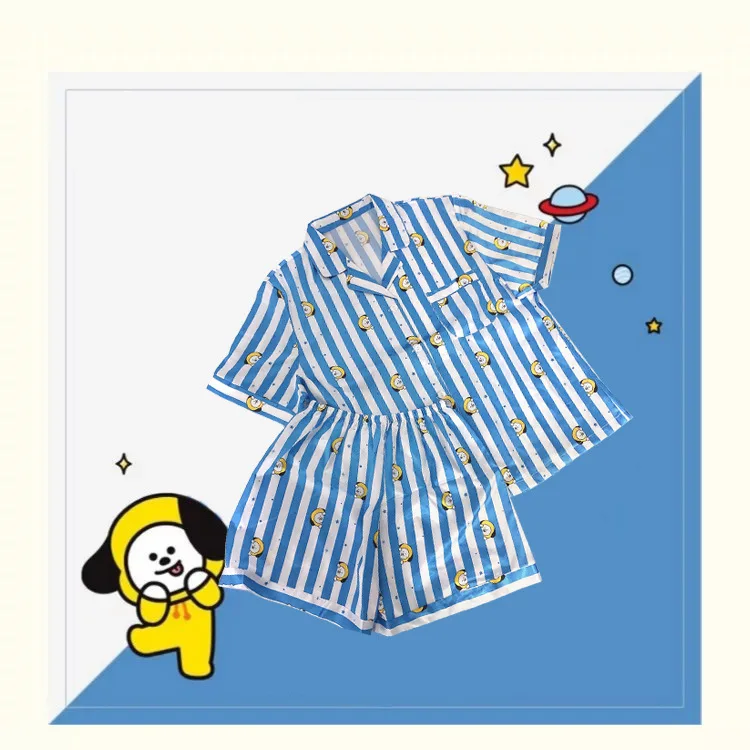 Kawaii BT21 Anime Cute Cartoon Summer Pajamas Homewear Casual Wear Short Sleeve T-Shirt Two Piece Birthday Gift