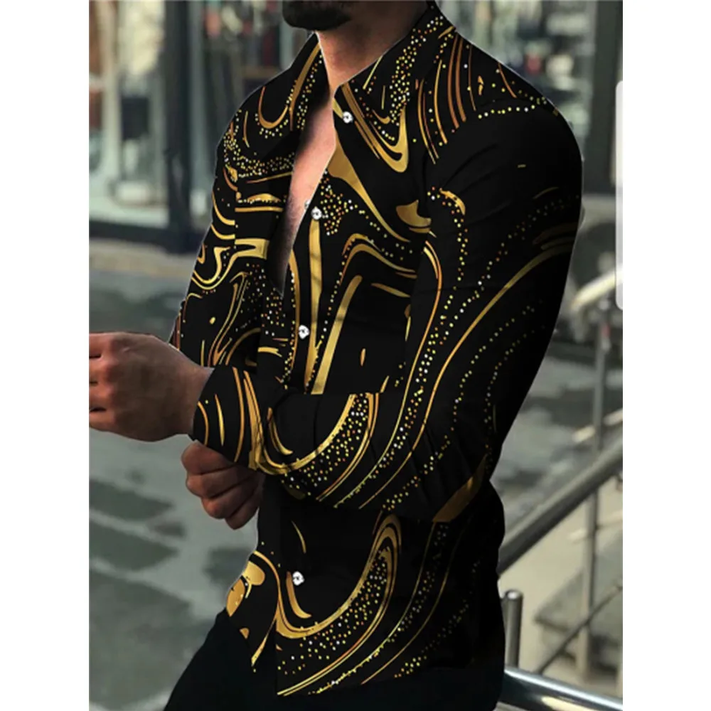 Mens Printed Long Sleeve Shirts Casual Cardigan New Button Holiday Fashion Shirts