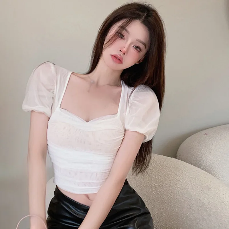 

Bubble Sleeve Gauze Blouse Summer Pleated Slim Girl Women Shirts Blouses Woman Tshirts Womens Tops Shirts