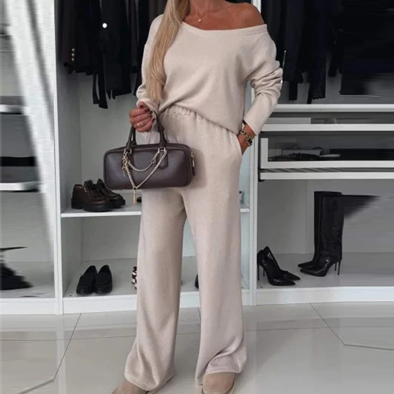 Женский повседневный однотонный вязаный наряд с длинным рукавом элегантный