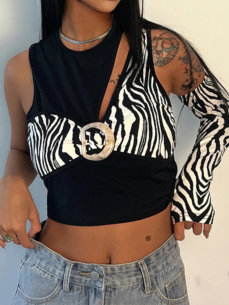 

Кроп-Топ женский с принтом зебры, модная облегающая футболка на одно плечо с вырезами, повседневный трикотажный топ в стиле Харадзюку, на ле...