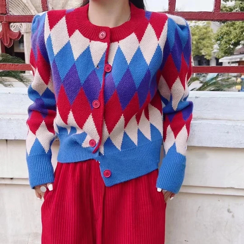 

New Autumn Vintage Women Sweater Vintage Chic Colorblock Argyleh Pattern Cardigan Female Versatile Casual Knit Jumpers Mujer