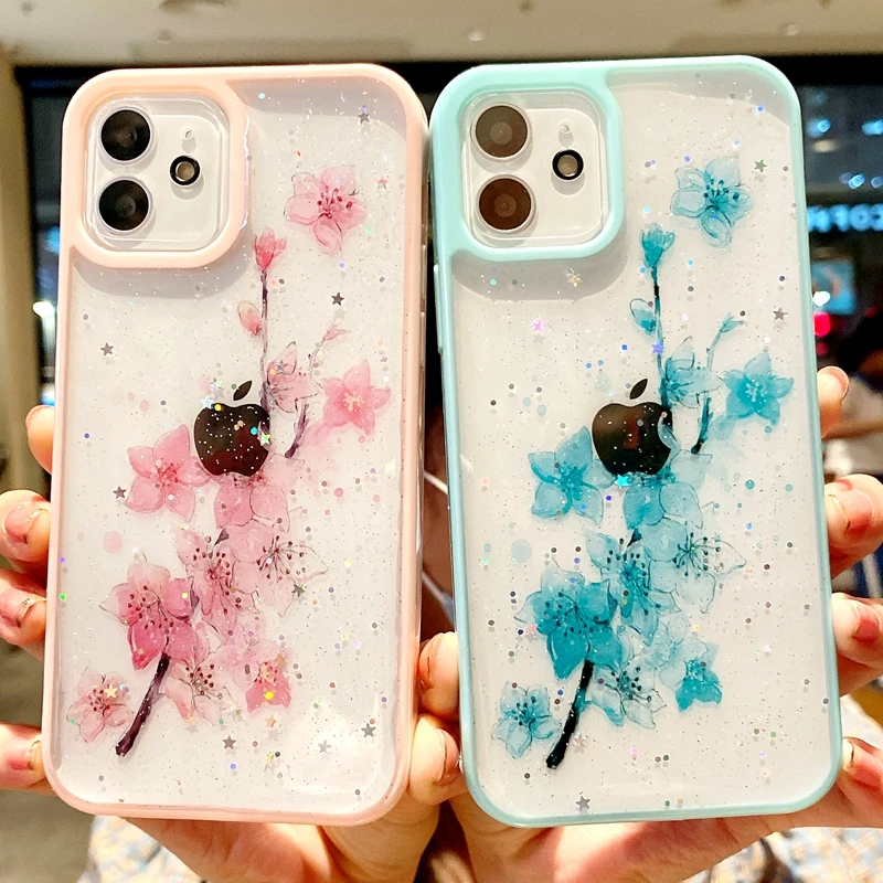 

Fashion Twinkle Flower Transparent Phone Case For iPhone 11 12 Pro Max XS X XR 7 8 plus SE 2020 Bumper Back Cover