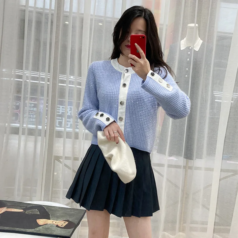 

Вязаный кардиган синего цвета на осень и зиму, официальный Повседневный свитер с длинными рукавами, джемперы, топы, пальто