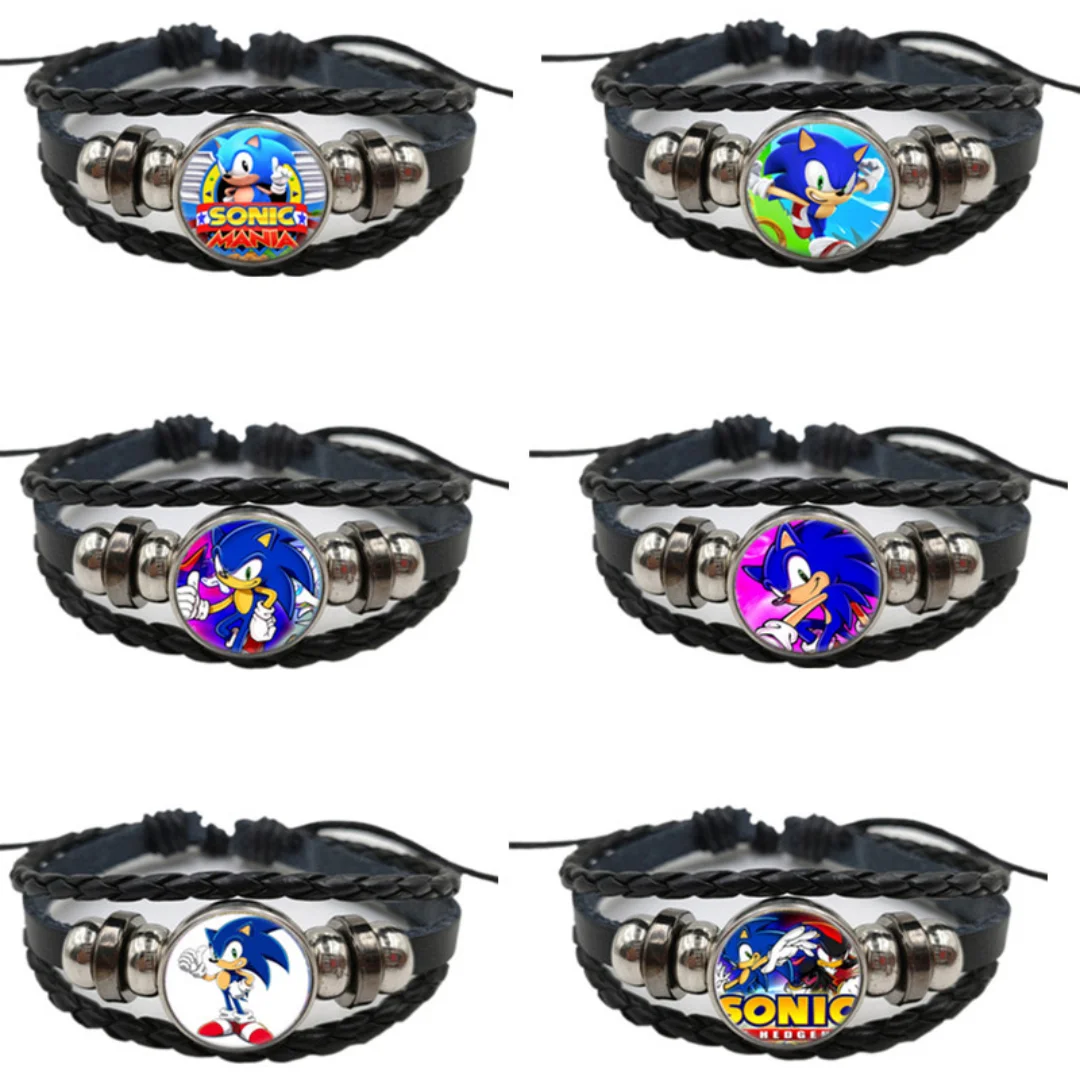 

Sonic Jewlery Toys Action Figure The Hedgehog Handmade Leather Bracelet Toys Pop Charms Glass Cabochon Pendant Leather Bracelets