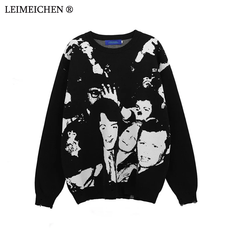 

LEIMEICHEN Men's Character Jacquard Sweater Gothic Street Hip-Hop Costumes 2022 Autumn/Winter Retro Oversized Couple Pullover
