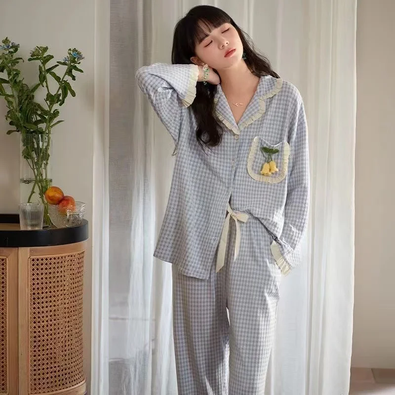 

Модные хлопковые пижамы можно носить на улице во французском, корейском, японском стиле, Синие пижамы из 100% хлопка, домашняя одежда