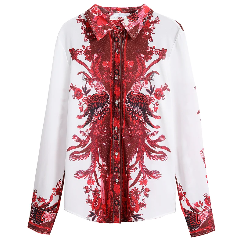 

2022 Spring Silk Shirt Women Fashion And Western Style Mulberry Silk Long Sleeve Tops Elegant Phoenix Print Blouse