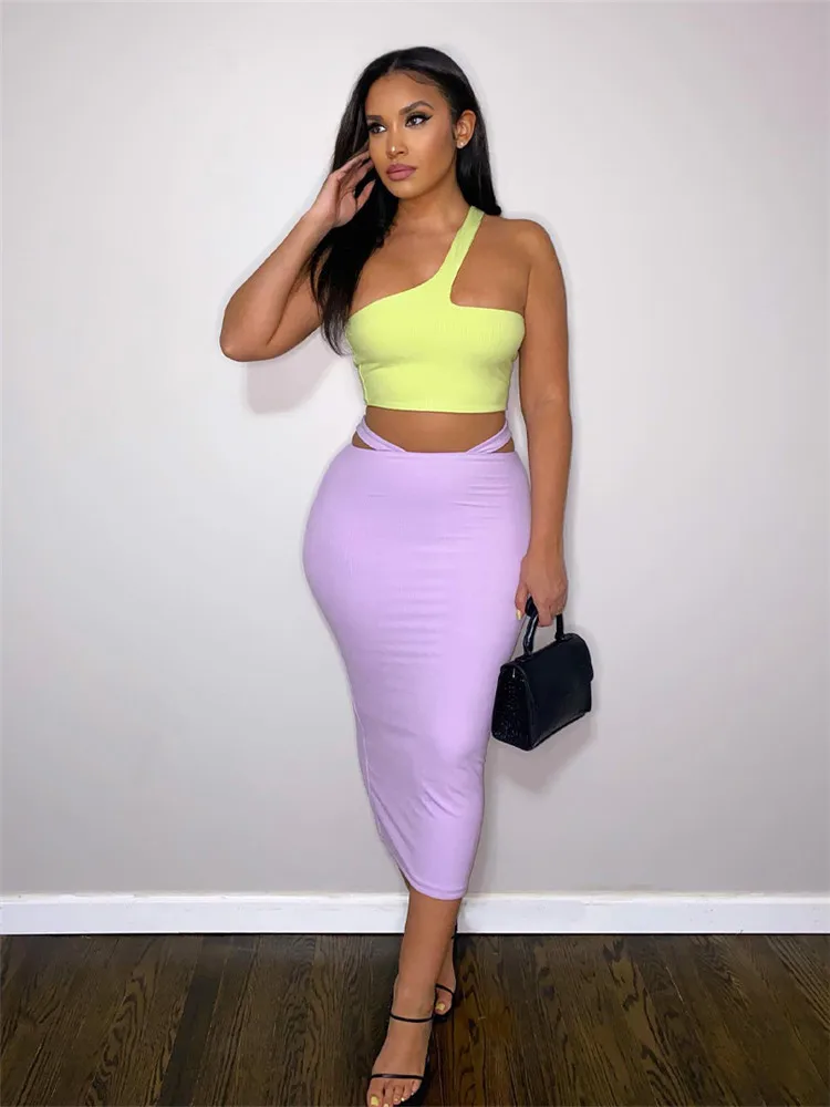 

One Shoulder Yello Crop Top Purple Skirt Prom Dress 2 Pcs Matching Set Bodycon 2022 Summer Women Outfit Beach Elegant