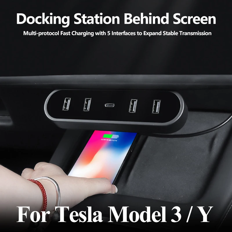 

Quick Charger 5 USB Shunt Hub Intelligent Docking Station For Tesla Model Y Model 3 Hidden Adapter Powered Splitter Extension