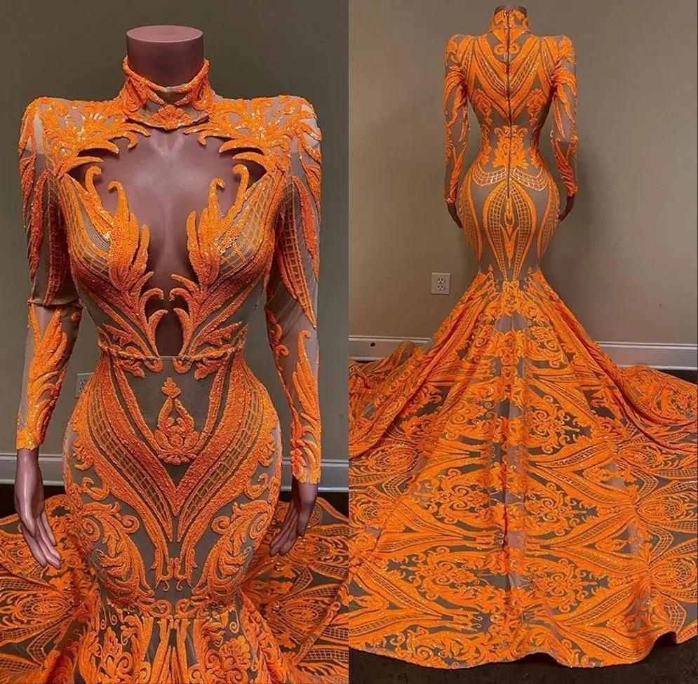 

Оранжевое платье-Русалка для выпускного вечера с длинным рукавом и глубоким V-образным вырезом, сексуальное платье с блестками и аппликацией, Африканское черное платье-Русалка для девушек, вечернее платье плюс