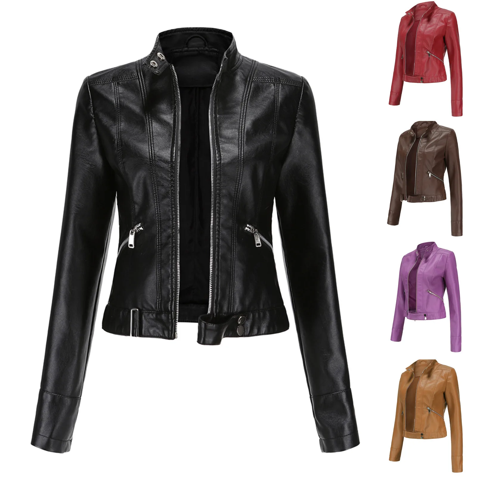 

Women Solid Splice Slim Coats Stand Collar Motor Jackets Fashion Zipper Biker Punk Cropped Outerwear Women S Hoodie