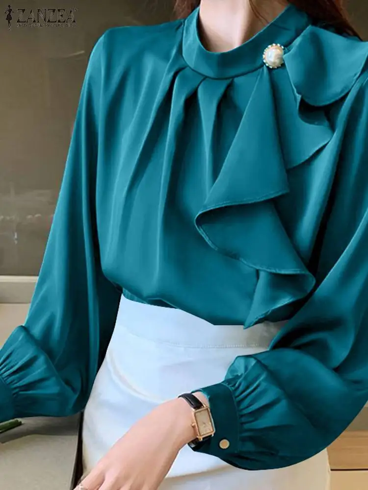 

Элегантные блузки ZANZEA с оборками, женские модные атласные шелковые плиссированные рубашки с круглым вырезом, осень 2022, повседневные женски...