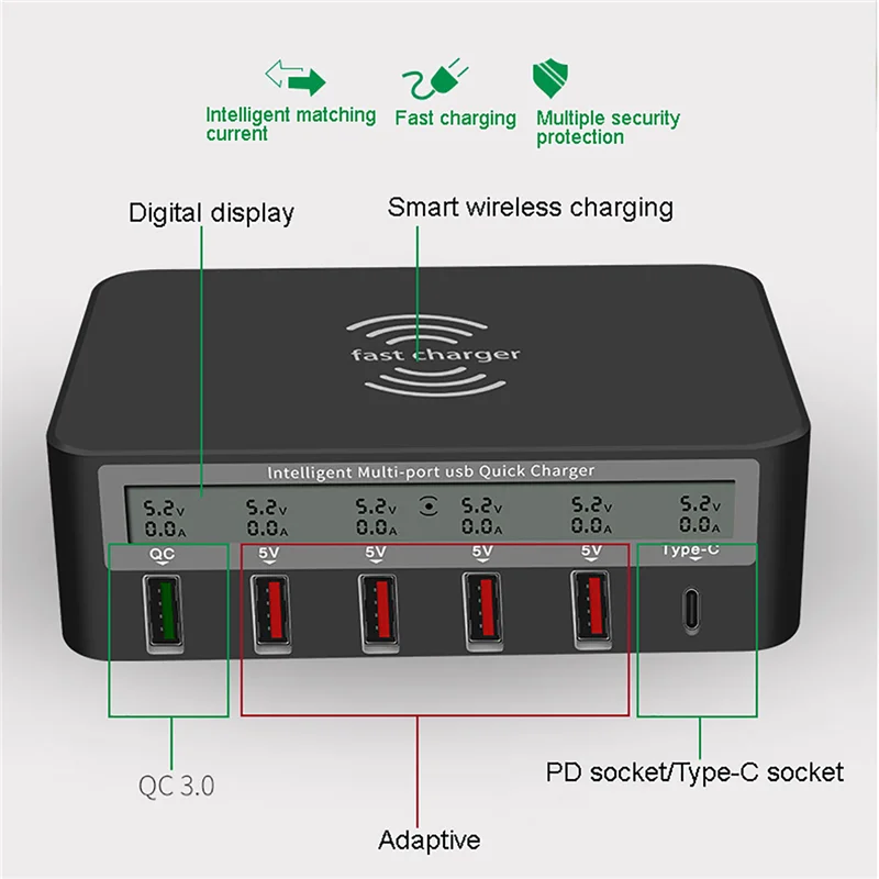 40W 6 Port USB C Charger QI Wireless Charger For iPhone Samsung Xiaomi HUAWEI QC3.0 Fast Charger PD Usb C Quick Charging Station