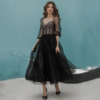 black a line polka dot prom dresses sexy sweetherat neck tulle evening party gown with long sleeve ankle length 2022 women