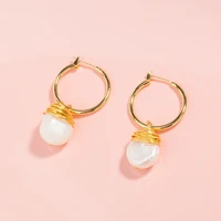 wholesale ins insjewelry simple gold color hoop earrings hand wound natural freshwater bread pearl pendant gift
