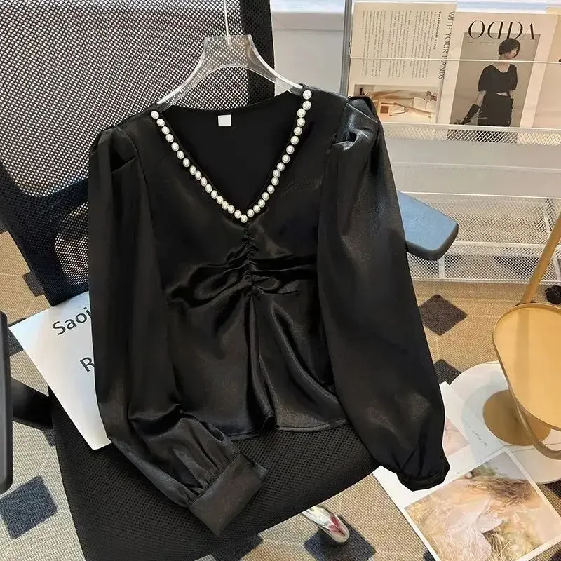 Женская атласная рубашка с V-образным вырезом черная блузка шипами корейский