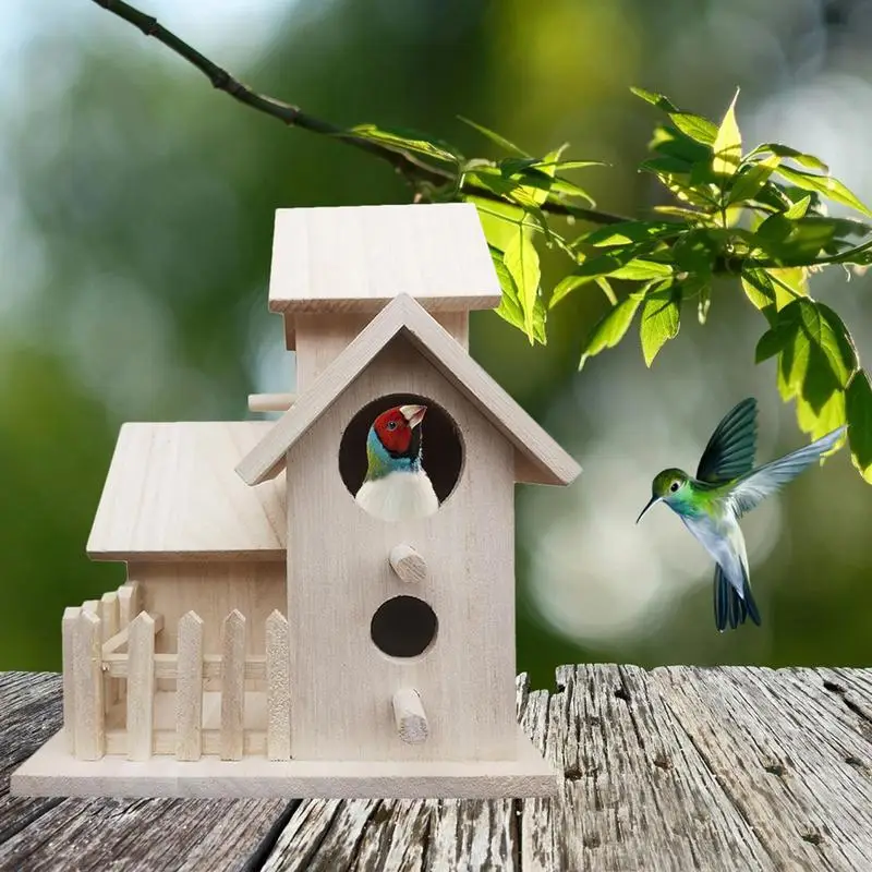 

Unpainted Birdhouses 3-hole Wood Birdhouse Bird Nest Farmhouse Style Bird Kids DIY Painting Natural Birdhouse Decoration
